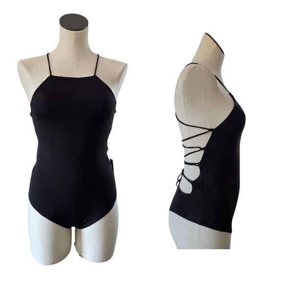 Lulus Black Lace up Srappy Bodysuit Snap Closure Size S Edgy Y2K Clubwear - Picture 1 of 4
